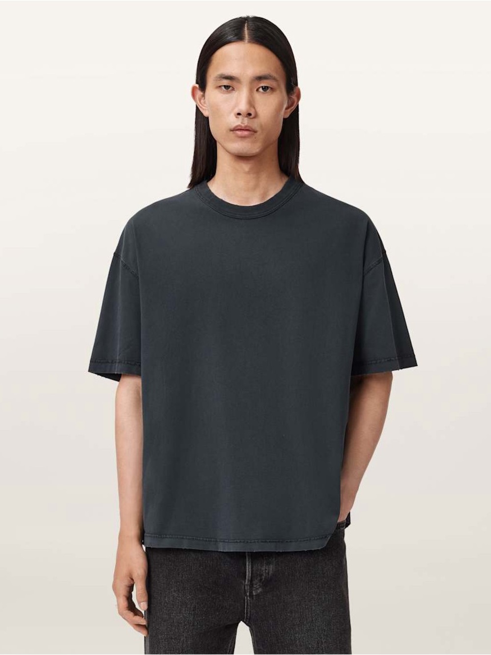 Allsaints Cole Short Sleeve Boxy T-Shirt Washed Black Faded Distressed Sz Large